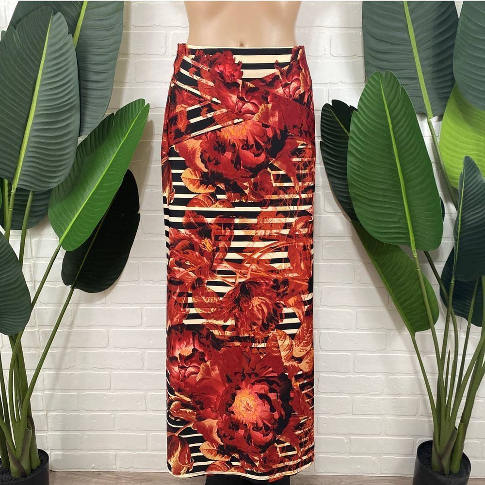 Beige by eci striped red floral maxi skirt